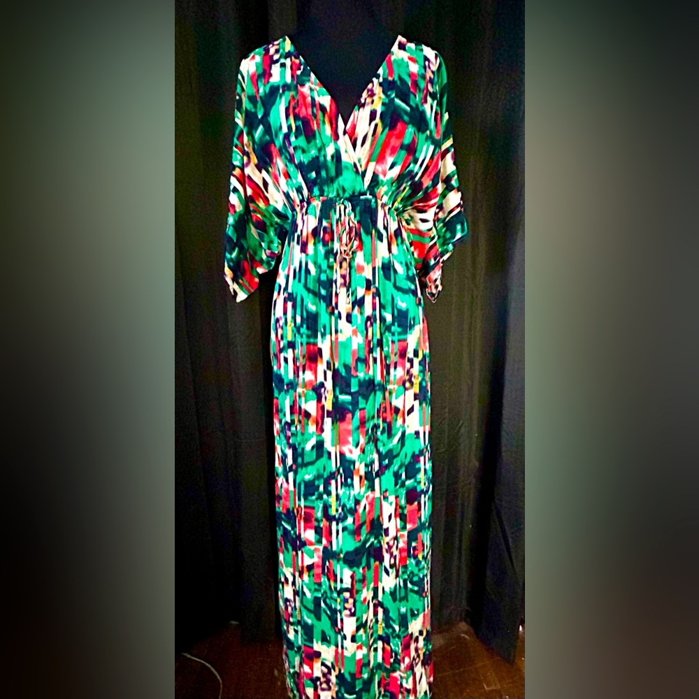 Calvin Klein Green, Orange Multi Abstract Maxi Dress, Size S